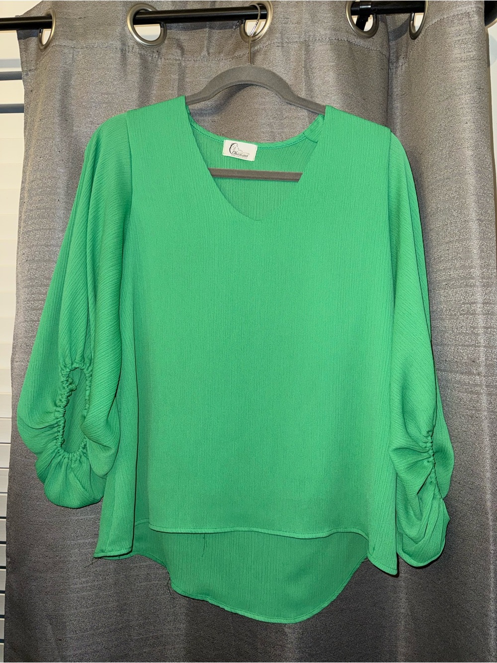 Bright Green V-Neck Ruched Sleeve Blouse